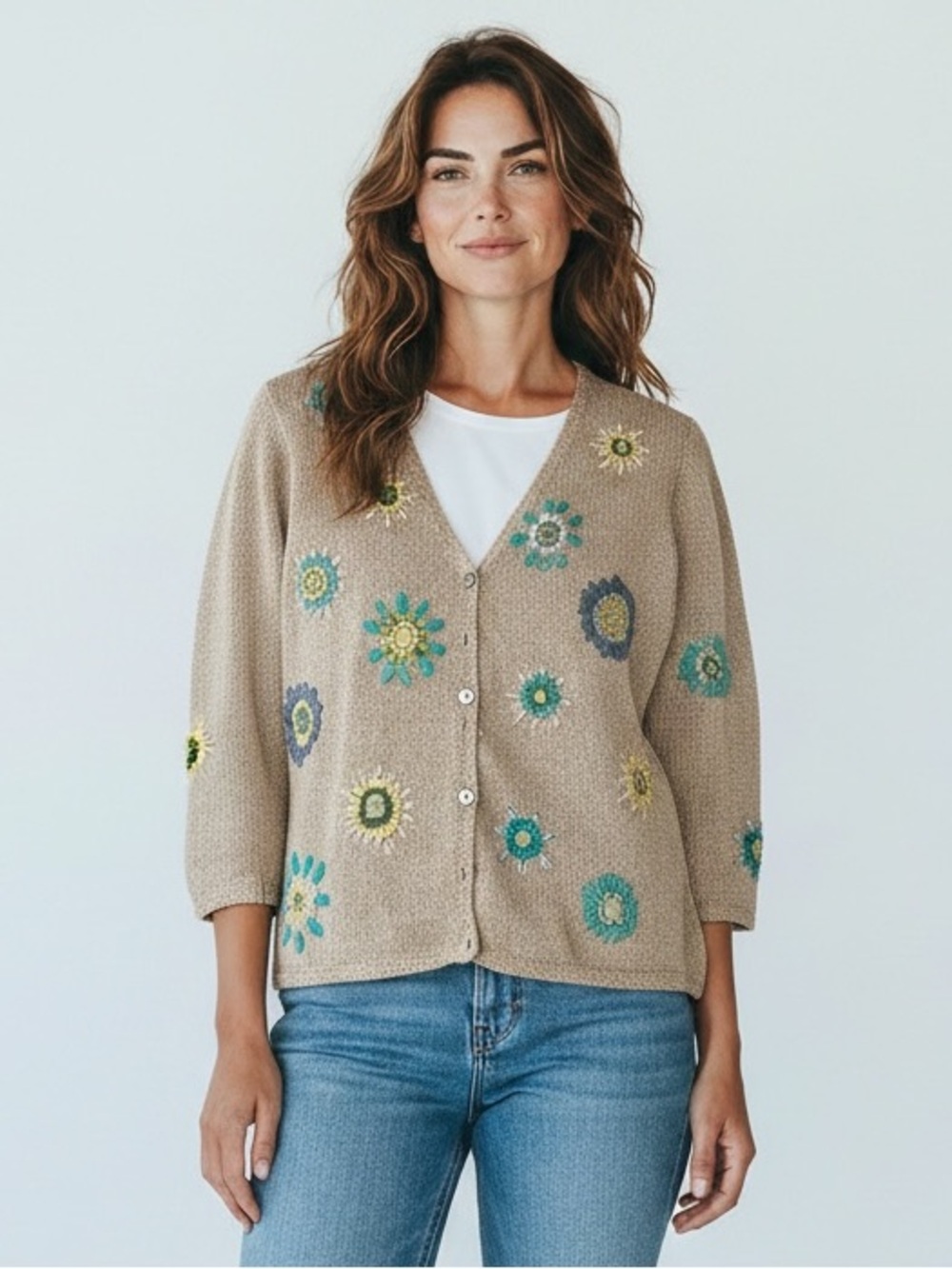 Vintage Northern Isles Beige Floral Embroidered Silk/Linen Cardigan Sweater